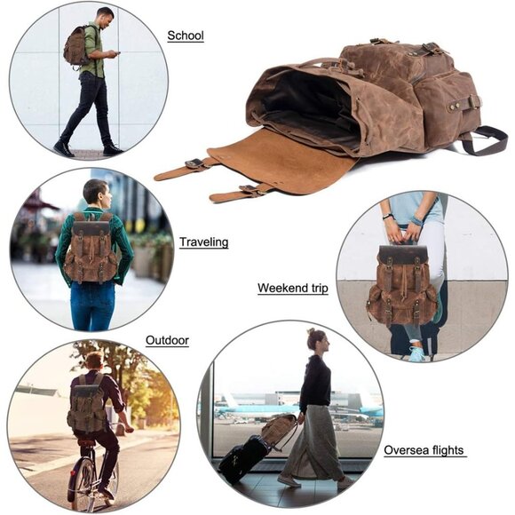 ✨ Men Brown Leather Backpack Waxed Canvas Shoulder Rucksack Travel Backpack - Picture 7 of 9